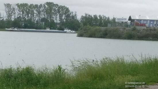 Nach einer etwas komplizierten Anfahrt mit kurzem, aber nicht geahndetem Gebrauch eines gesperrten Privatwegs befinde ich mich am Mündungsspitz der Enns in die Donau.
Über das rechte Bildende hinaus erstreckt sich das Ennshafenbecken West, aus der Verlängerung des Frachtschiff-Hecks fließt die Enns nach links ihrem Ende in die Fänge der Donau entgegen.