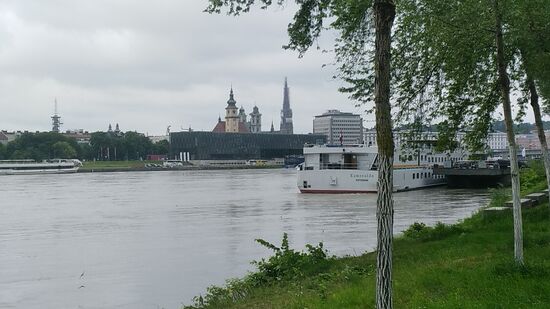 Fernblick zum Altstadtviertel von Linz.
In Bildmitte links die Stadtpfarrkirche mit dem ockerfarbenen Turm, daneben mit dem Doppelturm der 1678 geweihte Alte Dom, dann nochmals rechts davon der Linzer Mariendom, auch Mariä-Empfängnis-Dom.
Dieser Dom ist die (nach Fassungsvermögen) größte, nicht aber höchste Kirche Österreichs. Die ursprünglich geplante Höhe wurde laut einer verbreiteten, doch unbelegten Legende deshalb nicht bewilligt, da in Österreich-Ungarn kein Gebäude höher sein durfte als der Südturm des Stephansdoms in Wien. 
Mit 134,8 m (Neuvermessung 2018: 134,69 m ab der Gelände-Oberkante, beziehungsweise 133,53 m ab der Fußboden-Oberkante) ist der Turm 
des Mariä-Empfängnis-Domes in Linz um rund zwei Meter niedriger als der des Wiener Stephansdomes.