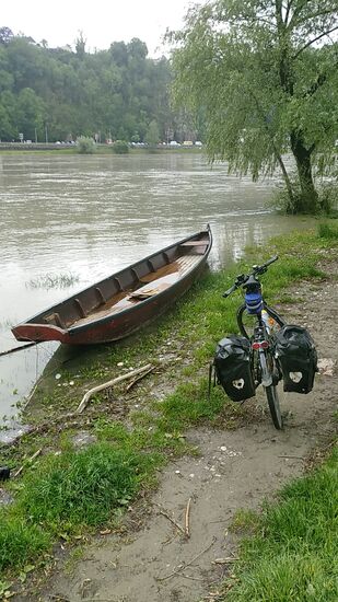 Und da es diesbzgl. kein Verbot für Radler gab und auch das gegenwärtige Hochwasser den Naturweg gerade noch verschont ließ, nutzte ich natürlich diese Offroad-Offerte. 
Ein Übersetzen mit der Holzplätte in südliche Richtung hatte ich natürlich nicht im Sinn.
