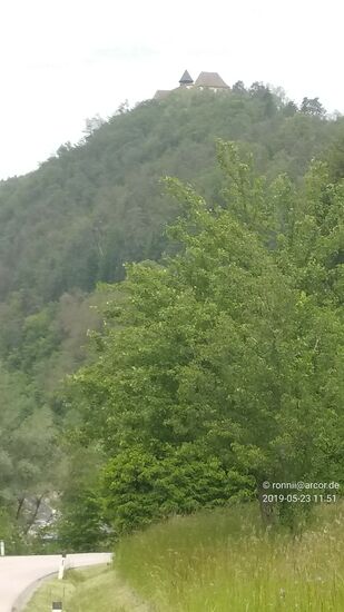 Ein Hinweis in eigener Sache:
Natürlich sind diese beiden Fotos von der Aussagekraft her gesehen recht dürftig und die unten links erkennbare Straße bin ich auch nicht hochgefahren, da ich nur am Abzweig dieser Straße von derjenigen stand, von der kurz darauf mein Radweg abzweigte. 
Für detailliertere Infos brauchen weiter interessiertere Burgen- bzw. Schlösserfans die jeweiligen Namen wie gehabt nur in die bevorzugten Suchmaschinen eingeben, da gibt es dann professionelle Ansichten und überaus ausführliche Beschreibungen zu den Objekten. 
Wäre ich alles angefahren, was es so im Blickfeld des Streckenverlaufs zu sehen gibt, wäre dies ein unermesslicher Zeitaufwand.