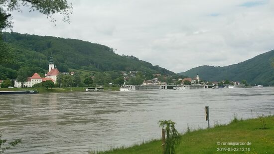 Zwischen dem Stift und der gleich danach folgenden Ortschaft Engelhartszell befindet sich ein lang gezogener Schiffsanleger, der momentan gut belegt ist.