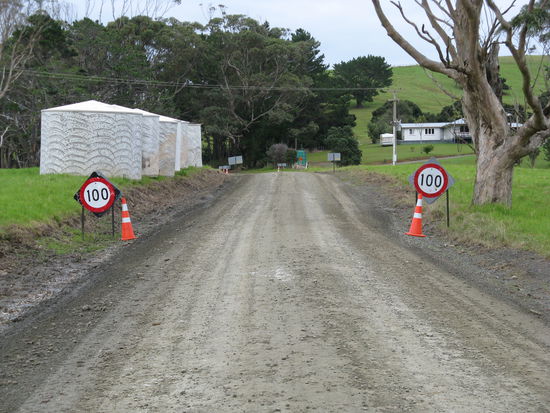 Eine typische Nebenstrasse in Neuseeland. Man beachte die Geschwindigkeitsbegrenzung. Sehr witzig, die Kiwis.