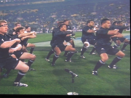 Die "All Blacks" beim "Haka", einem Maori-Kriegstanz, der die Gegner einschuechtern soll.