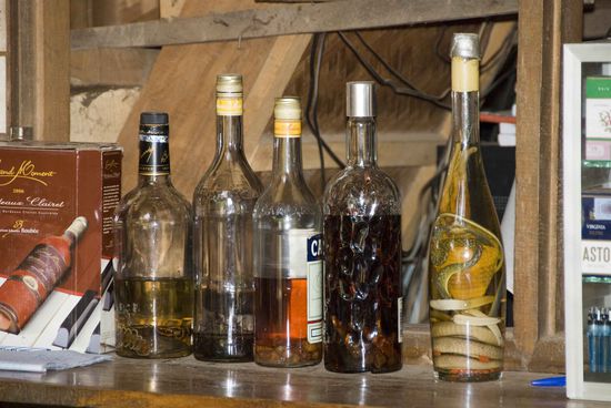 Sprengstoff auch in den Flaschen mit verschiedenem Inhalt im Tims Guesthouse. Links ein Tausendfüßler und rechts eine Schlange in Schnaps eingelegt.