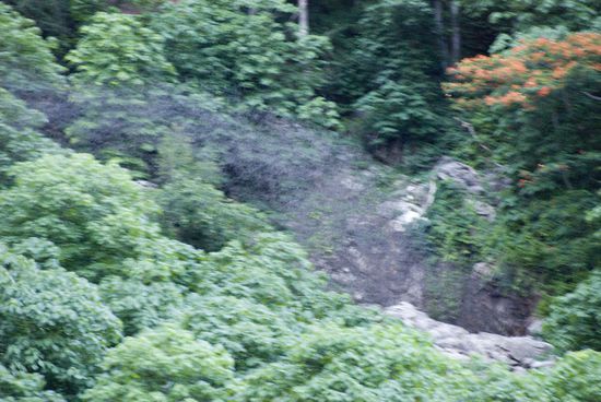 Jeden Abend bei Sonnenuntergang schießen aus dieser Höhle rechts neben dem Tempel zig Millionen von Fledermäusen.
