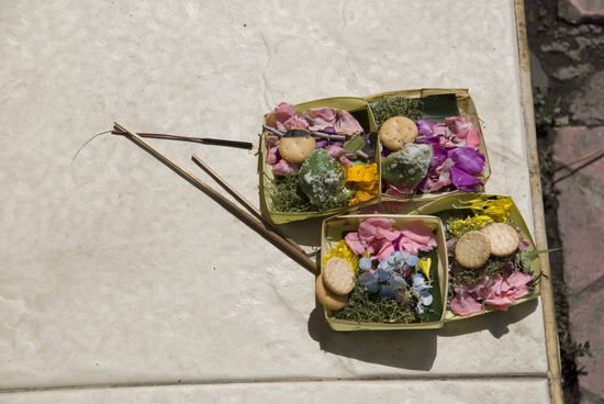 Man sollte eigentlich eh immer schauen, wohin man läuft. Dies ist in Bali besonders angebracht, denn die Chancen stehen gut, dass man ansonsten solch eine Göttergabe über den Haufen rennt, die so oft und mehrfach am Tag auf den Gehweg vor die Haustüre gestellt wird.