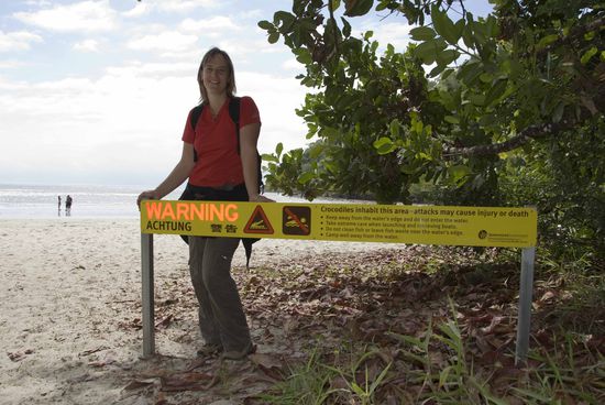 Ok, wir hatten doch kein Glück. Diese bissigen Viecher (Salzwasserkrokodile) gibt es das ganze Jahr über. Warum einzelne Personen trotzdem schwimmen gehen müssen, wissen wir auch nicht. Wir jedenfalls haben uns für Spazierengehen am Strand entschieden.