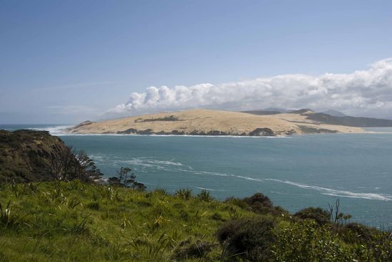 Auf dem Weg zum Waipoua Kauri Forest. Riesige Sanddünen bei Omapere.