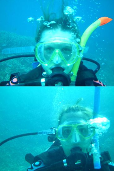 Mit Regulator im Mund kann man nicht lachen, denn sonst kommt Wasser in den Mund!