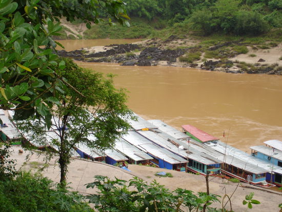 Da warten sie schon alle auf uns. Die Slow Boote von Laos.
