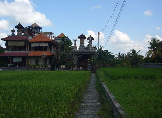 in der Villa "Balimoon" inmitten von Reisfeldern haben wir gewohnt (1.Stock, 2.Terasse von links)