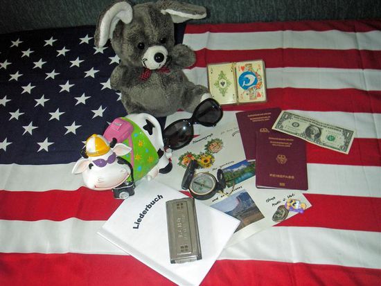 Als erstes gibt es ein Abschieds-Start-Foto:
1. 
Kay's Mundi, für die Weiten des Wilden Westens, wenn auch der letzte Radiosender uns verläßt...
2.
Unsere Reisekuh(kasse) "Lieselotte", die ihres Inhaltes beraubt wurde...
3.
Mäusi, die diesmal nicht mit "darf", denn sie muß Haus und Hof bewachen...
4.
Rommekarten (Christines Geschenk), die uns seit mindestens 12 Jahren rund um die Welt begleiten...
5. 
Sonnenbrille steht natürlich für herrlichstes Wetter...
6.
Vier Glücksbringer von Mutti und Vati...
7. 
Kompaß, damit wir anhand der Marschrichtungszahl immer wieder aus den Canyons und nach den einsamen(?) Wanderungen zurückfinden...
8.
Das Wichtigste: die Päße !
9. 
unser Glücksdollar, der bei meinen Eltern aufbewahrt wird...