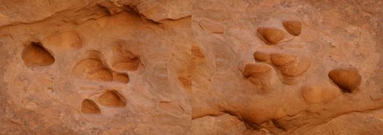 Die optische Täuschung:
links: Originalbild(Löcher)
rechts: Bild um 180° gedreht - Buckel !!