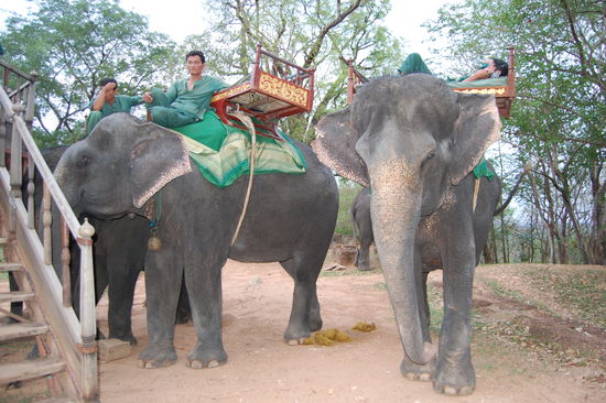 Am Fuße des kleinen Berges befindet sich eine Elefantenstation, wo man seine trägen Beine am Ende des Tages für US$15 von einem Elefanten den Hügel hinauftragen lassen kann. 
Doch wir sparen uns das Geld und kletterten die ca. 100 Höhenmeter auf unseren eigenen Beinen hinauf.