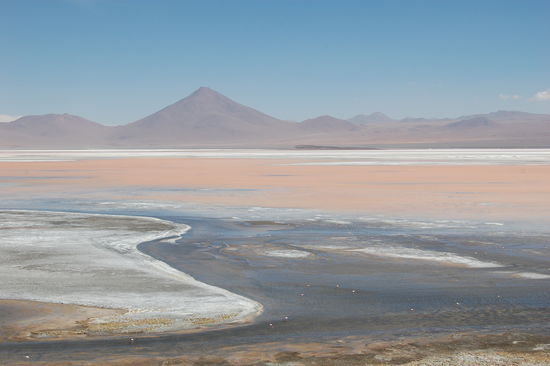 Die Laguna Colorada, eine der bekanntesten Lagunen des südlichen Teils des Altiplanos in einer Hoehe von 4278m.
