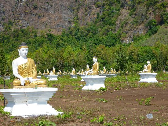 Unten am Fuss des Berges stehen hunderte Buddhastatuen - cool!