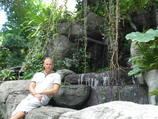 Vor dem Wasserfall beim Golden Mount Tempel