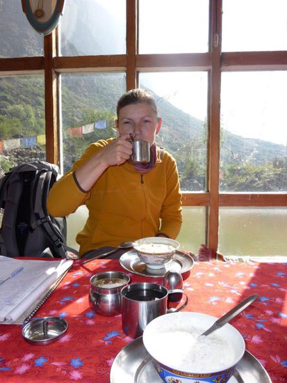 Lecker Yak-Joghurt (Isi fands nicht ganz so lecker, deshalb zwei Schuesseln fuer Jogi)