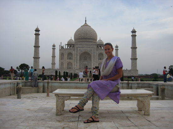Austria in India sitting in front of the Taj Mahal, Agra