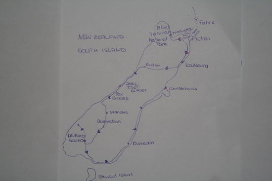 Unsere Reiseroute auf der Südinsel