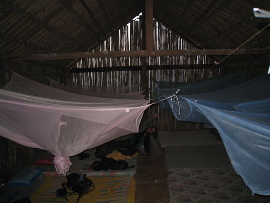 In diesem Massenlager des Longhauses haben wir alle zusammen uebernachtet... zum Glueck hatte es Moskitonetze!
