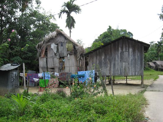 Wohnstaetten der Ureinwohner Malaysias, der malaysischen Aborigenes,
In diesem Dorf haben wir auf dem Weg zu den Elis angehalten und durften sogar einmal das traditionelle Jagdgewehr (das Blasrohr) ausprobieren, natuerlich nicht mit den giftigen Pfeilen, diese Aborigenes jagen uebrigens immer noch im Rainforest, vorallem Affen...