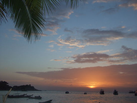 Sonnenuntergang auf Koh Tao 
-und wir sitzen direkt am Strand, essen lecker Thailaendisch und geniessen Frucht-Shakes...