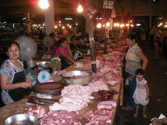 gemeinsam am Markt. Fleisch wird benoetigt fuer den "Lap Mu" (Schweinefleischsalat) ... ja, Mu heisst hier Schwein ... was wohl Miau heisst???