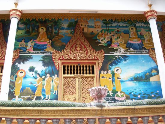 Malerei auf dem Tempel ueber Buddhas Machenschaften.