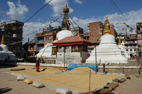 Reis trocknen vor buddhistischen Stupas