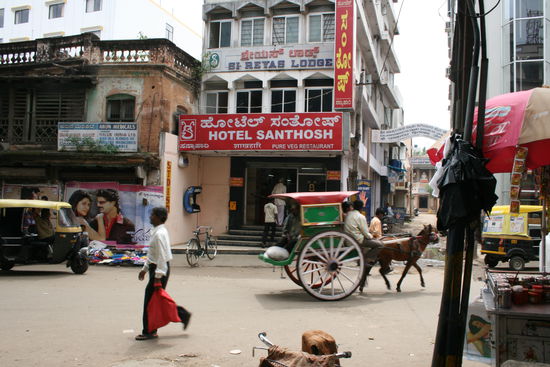 Mein Hotel. Mein Zimmer ist das ueber der blauen Schrift 'shreyas Lodge', die drei rechten Fenster, in denen ein gestreifter Vorhang haengt (fuer die, die es genau wissen wollen!)