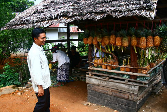 Nuris beim Ananas (oder "Nanas" auf Indonesisch) kaufen am Strassenrand. Er ist der Chefredakteur der Zeitung und ich wohne bei ihm und seiner Familie.