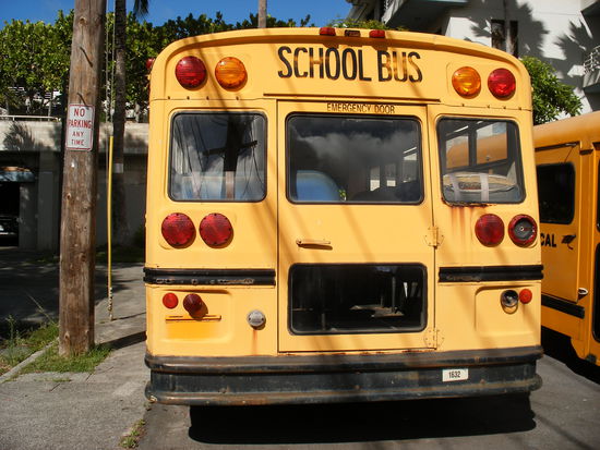 Das Schild neben dem stylischen, parkenden School Bus sagt: "NO PARKING ANY TIME" 