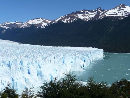 Der Perito Moreno ist etwa 60 km lang und die Gletscherzunge 5 km breit. Die Abbruchkante ragt 50 bis 60 Meter ueber dem Wasserspiegel.