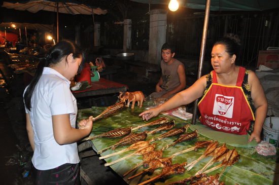 Packys kritscher Blick beim Fischkauf auf dem Nachtmarkt in Luang Prabang
