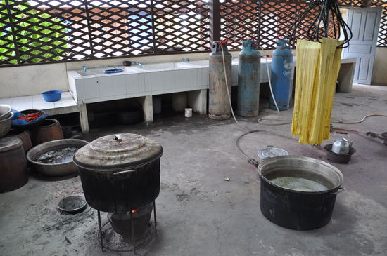 Hier wird die Seide in kochendem Wasser eingefärbt. Etwas ungläubig schaute ich den Guide an und fragte ob die Fäden denn nicht eingehen würden. Nein, nur bei Rohseide wäre das der Fall. Diese wird anders eingefärbt.