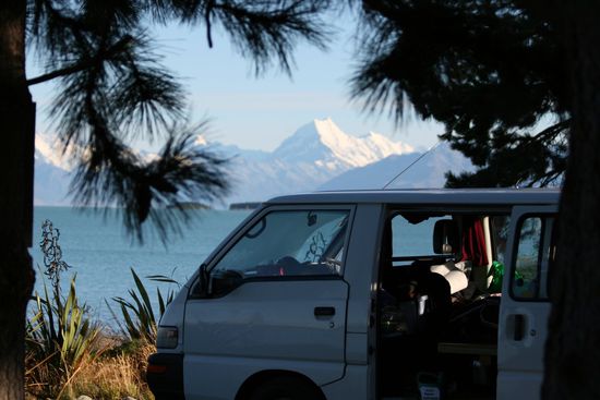 Unser Zuhause mit Blick auf den Mount Cook