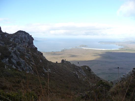 ..es ist immer besser, zurueckzuschauen, hier auf etwa halber Hoehe. Im Hintergrund die Kuste von South Tassi, da kommen 'mer' her.