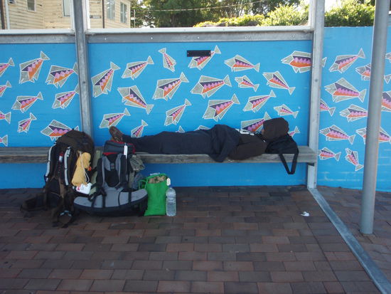 Tobi wartet am Busbahnhof auf die Touristen Information.