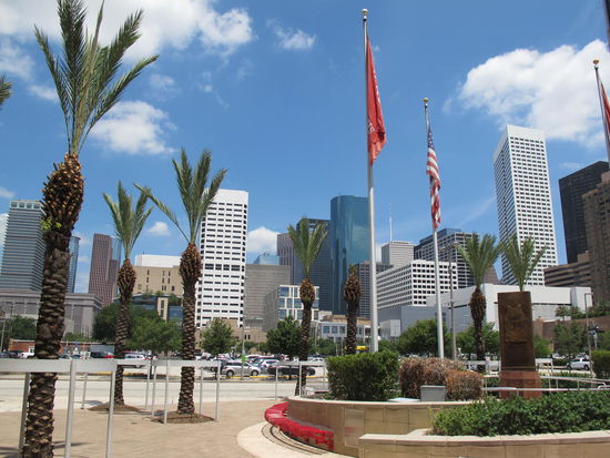 Skyline vom Toyota Center aus mit Palmen...