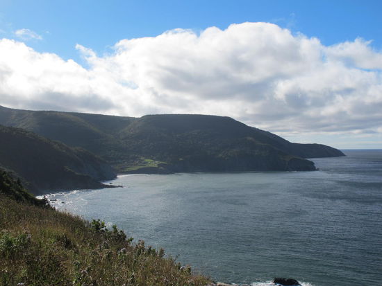 Die grüne Wiese ca. in der Mitte des Bilds is der Camping Platz in Meat Cove