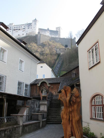 Blick vom Mühlrad der Stiftsbäckerei St. Peter auf die Standseilbahn zur Festung Hohensalzburg