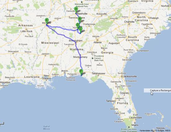 A = Nashville
B = Lynchburg, Tennessee
C = Guntersville, Alabama
D = Huntsville, Alabama
E = Memphis, Tennessee
F = Santa Rosa, Alabama