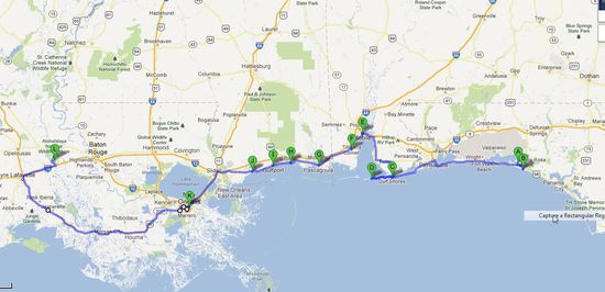 A = Santa Rosa, Florida
B = Grayton Beach, Florida
C = Gulf Shores, Alabama
D = Fort Morgan, Alabama
E = Mobile, Alabama
F = Bellingrath RV Park, Alabama
G = Pascagoula, Mississippi
H = Biloxi, Mississippi
I = Gulfport, Mississippi
J = Bay St. Louis, Mississippi
K = New Orleans, Louisiana
L = Atchafalaya National Wildlife Refuge