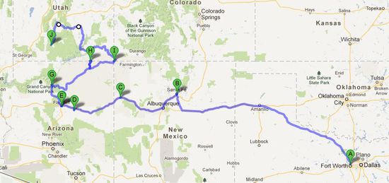 A = Fort Worth
B = Santa Fe
C = Gallup
D = Meteor Crater, Winslow
E = West Route 66
F = Flagstaff
G = Grand Canyon Village
H = Monument Valley
I = Four Corners Monument
J = Bryce Canyon