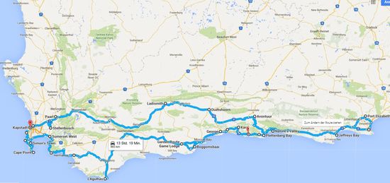 Port Elizabeth - zurück über Avontuur - Ouddtshoorn-Ladismith-Paarl- Kapstadt (Route oben)