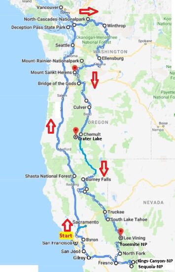 Start in San Francisco.
Seattle
Vancouver (Kanada)
North Cascades NP
Winthrop
Ellensburg
Mt. Rainier
Mount St. Helens
Crater Lake
Burney Falls
Truckee
Lake Tahoee
Yosemite NP
Kings Canyon NP
Sequoia NP