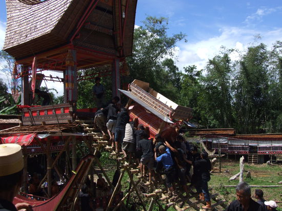 das Dach des temporären Hauses wurde abgeschraubt, um den Sarg in das dafür vorgesehene Beerdigungs Tongkonan zu stellen.
