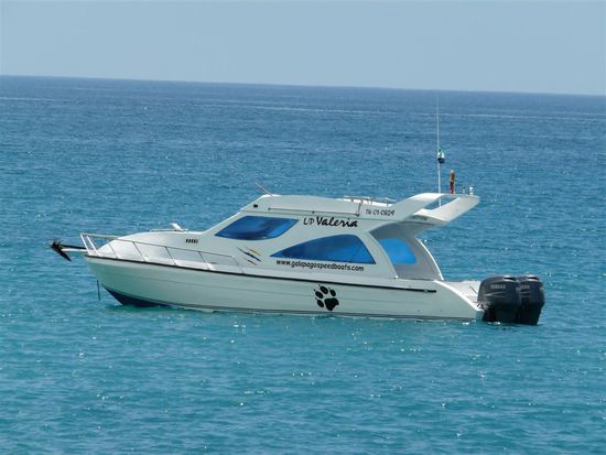 Falschrum aber immerhin! Jack Wolfskin auf den Galapagosinseln...uebrigens unser Boot, Zufall?