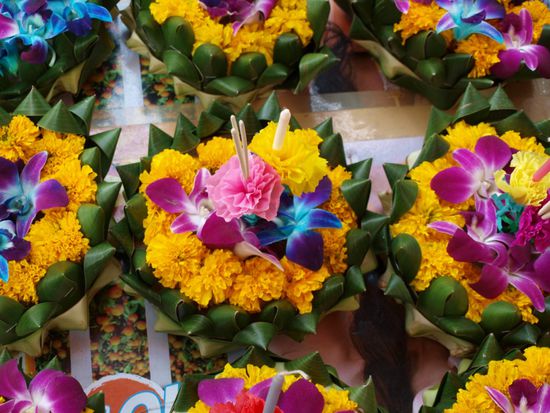 Loy Krathong ist das Lichterfest, das in Thailand landesweit am Tag des Vollmonds im zwoelften Monat des traditionellen thailaendischen Mondkalenders gefeiert wird. 
Loy bedeutet schwimmen oder schweben, Krathong ist ein kleines Floss. Die Floesse werden aus Bananenstauden (traditionell), Styropor oder Brotteig gefertigt. Geschmueckt sind sie mit Bananenblaettern, Blumen, Kerzen und Raeucherstaebchen. Sie werden begleitet von Wuenschen in den Fluss oder die Kanaele gesetzt. 
Es war ein wunderschoener Anblick, die unendlichen vielen verschiedenen Krathongs leuchtend auf dem Wasser treiben zu sehen. Dazu fanden Hahnenkaempfe statt, spielten Bands und es gab verschiedene Vorfuehrungen.